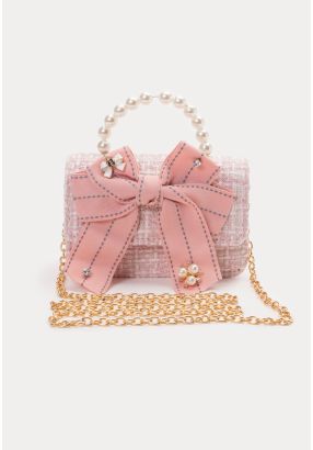 Textured Bow Embellish Beaded Handbag With Sling -Sale