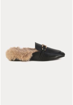 Metal Decor Vamp Fluffy Flat Loafers -Sale