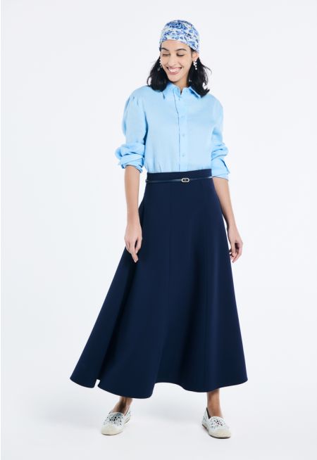 Solid Flared Belted Maxi Skirt