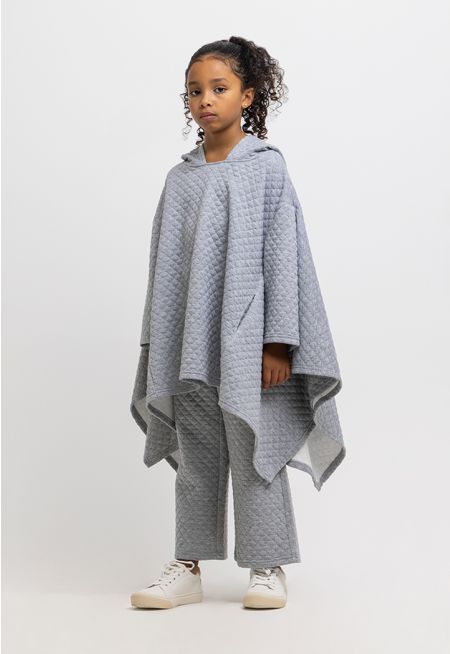 Quilted Solid Pants and Oversize Hooded Poncho Set -Sale