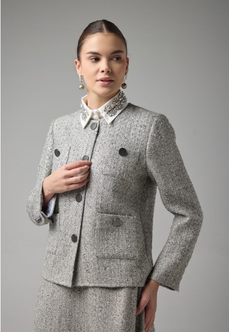 Multi Front Pockets Tweed Lurex Jacket