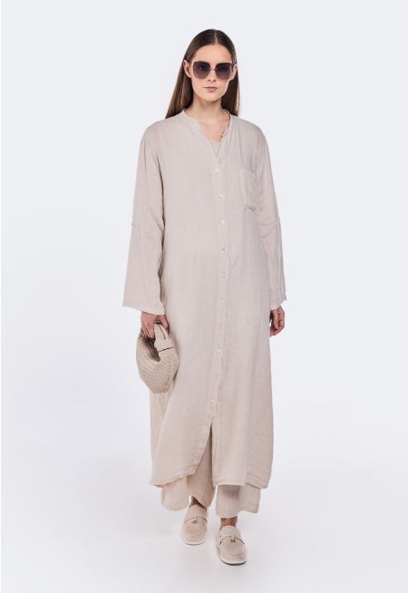 Back Lace Details Linen Shirt Dress