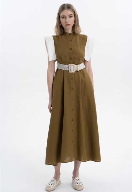 Contrast Flap Maxi Linen Dress -Sale