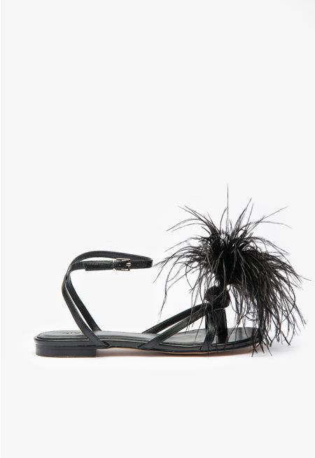Dot Feather Trimmed Flat Sandals -Sale