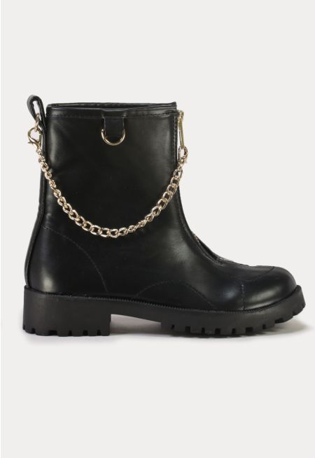 PU Leather Linked Chain Ankle Boots -Sale