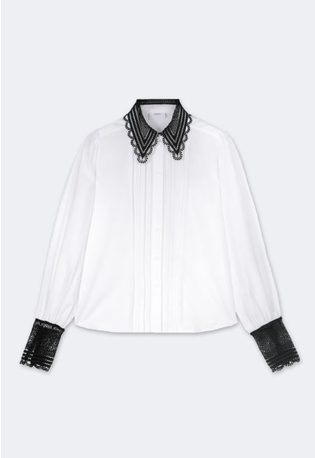 Contrast Long Sleeves Schiffli Shirt