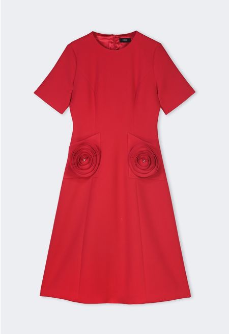 Solid 3D Flowers Patch Midi Dress