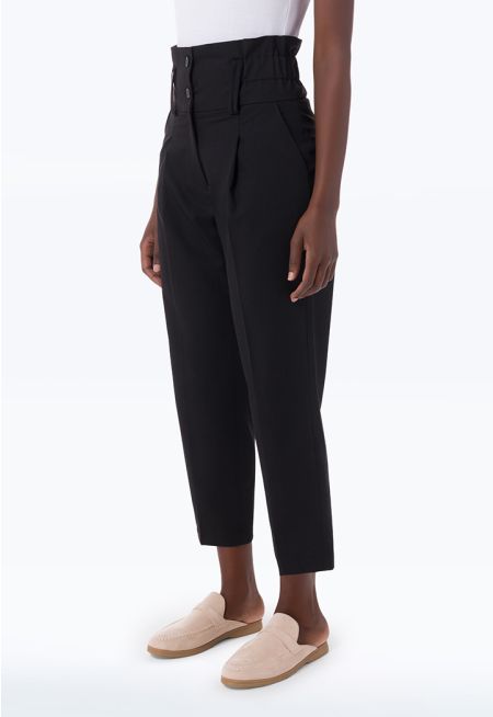 Paperbag Waist Double Buttoned Straight Hem Trousers -Sale