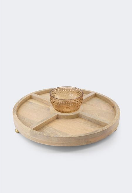 Wooden Round Tray With Glass Bowl