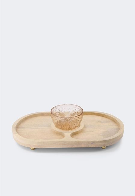 Wooden Round Tray With Glass Bowl