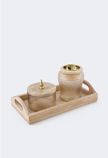 Wooden Tray With Glass Box And incense Box