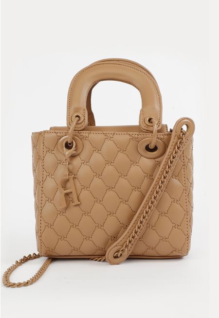 Quilted Leather Top Carry Handle Hand Bag With Medal