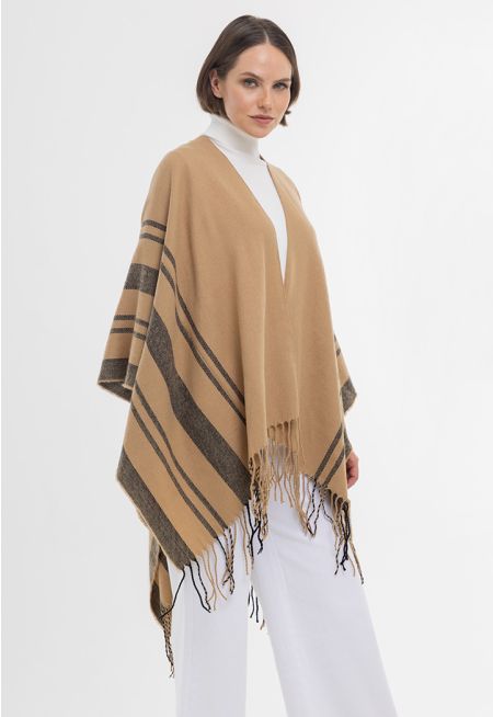 Contrast Details Tasseled Edges Winter Poncho -Sale