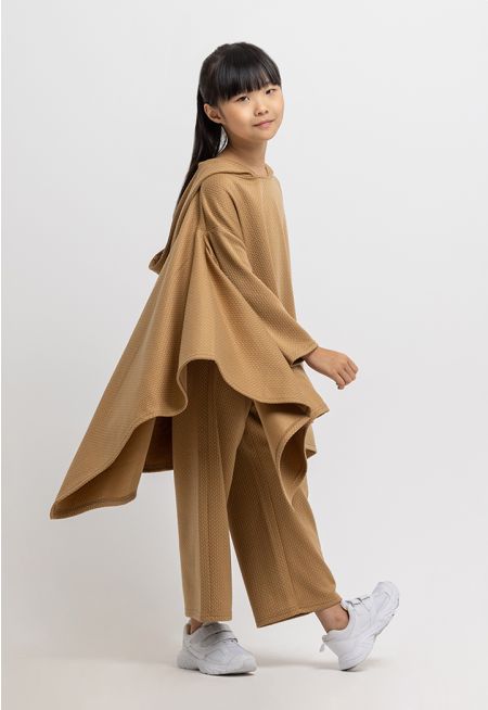 Quilted Solid Pants and Oversize Hooded Poncho Set -Sale