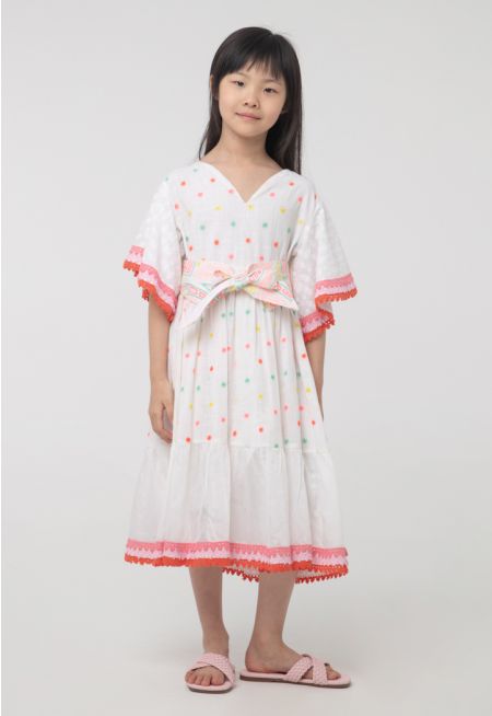 Lace Trim Butterfly Sleeves Embroidered Dress -Sale