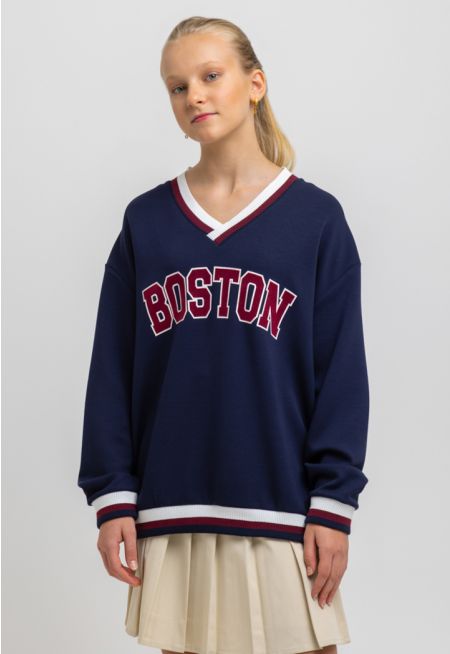 Boston Logo Ribbed Long Sleeves V-Neckline Sweatshirt -Sale