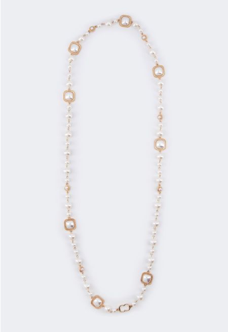 Long Faux Pearls Metallic Necklace