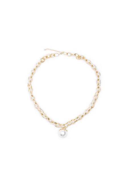 Two Tone Chain Link Twist Braid Pearl Rhinestone Necklace -Sale