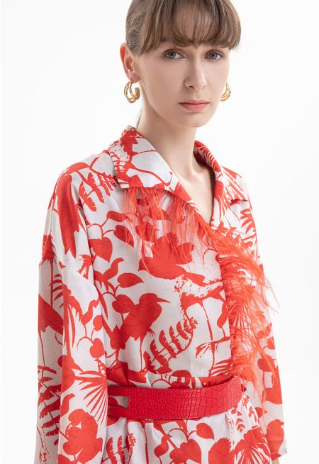 Leaf Printed Shirt With Feather Fringes -Sale