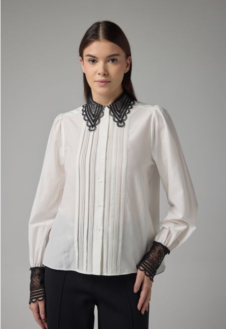 Contrast Long Sleeves Schiffli Shirt