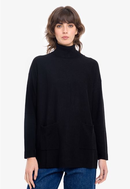 Solid High Neck Knitted Sweater -Sale
