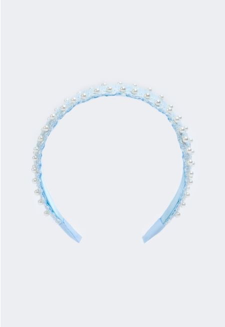 Faux Pearls Embellished Tweed Headband