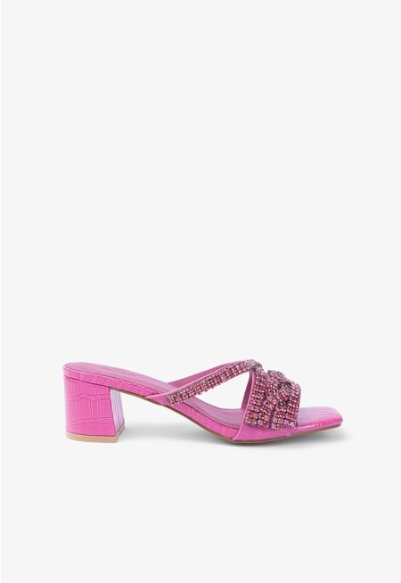 Square Toe Crystal Embellished Straps Heeled Sandals