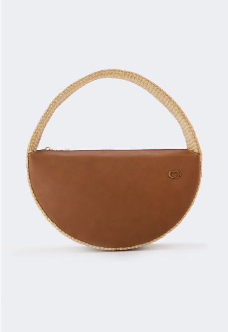 Half Moon Raffia Pu Leather Handbag