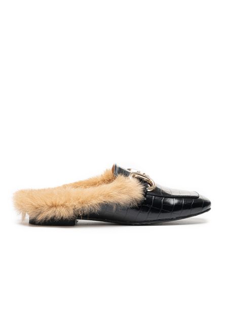 Textured PU Leather Acrylic Chain Fur Mules -Sale