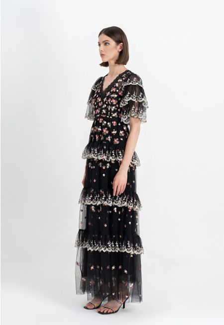 All Over Embroidered Floral Layered Maxi Dress