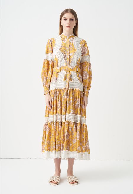 Printed Crochet Flared Maxi Dress