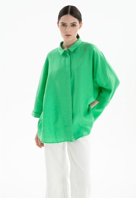 Collared Concealed Buttons Oversized Shirt