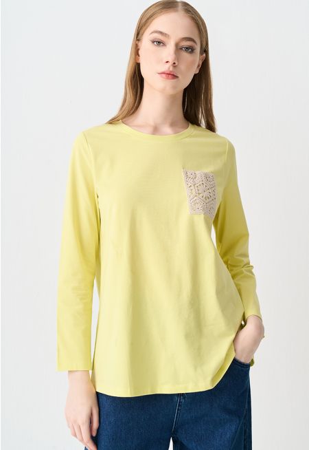 Crochet Pocket Long Sleeve T-shirt