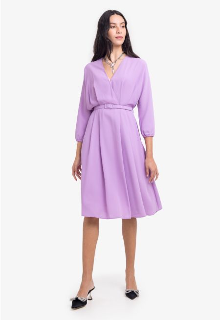 Solid Pleated Belted Midi Dress -Sale
