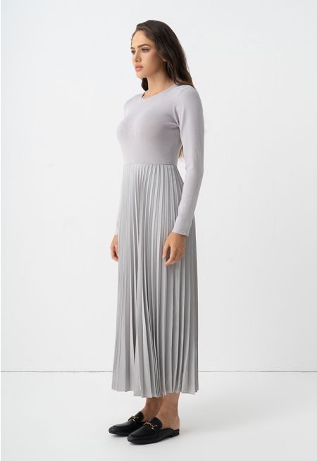 Pleated Solid Long Sleeve Dress