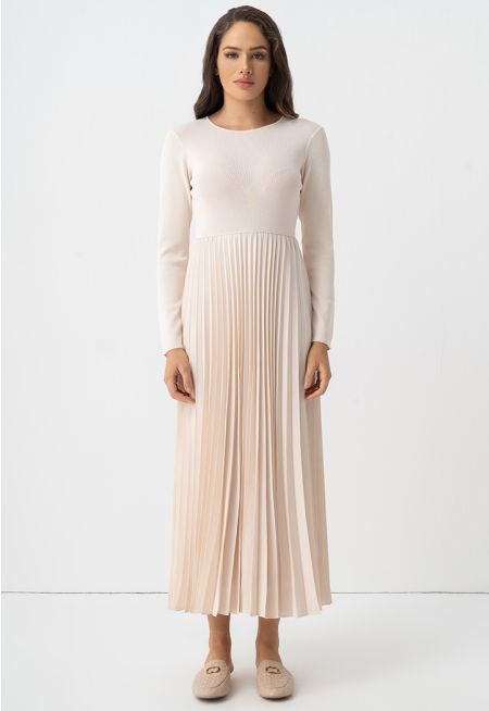 Pleated Solid Long Sleeve Dress