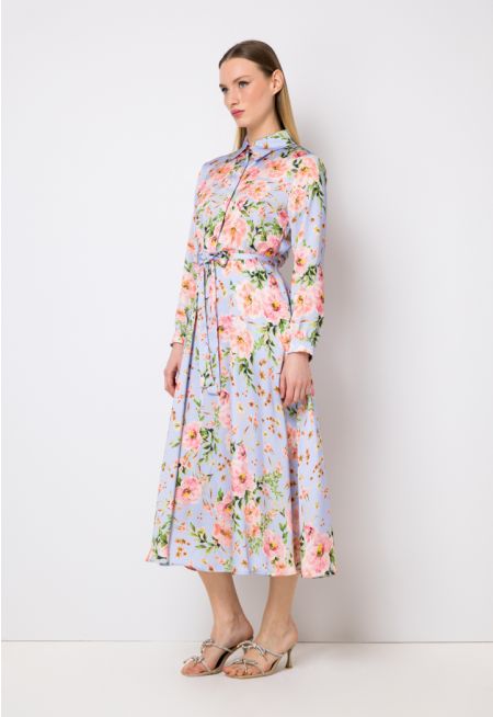 Flared Printed Belted Maxi Dress