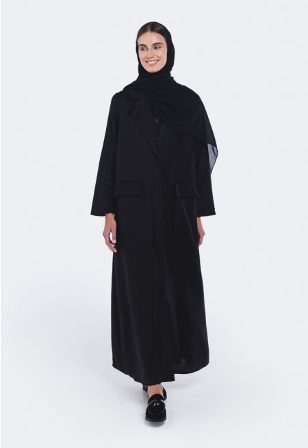 Notched Collar Abaya With Hijab (2 PCS)