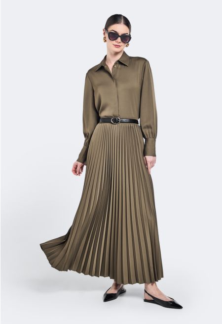 Solid Pleated Maxi Skirt