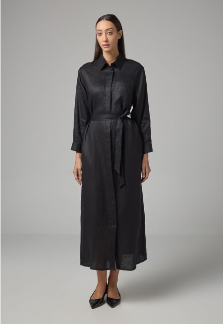 Solid Front Pocket Belted Shirt Dress