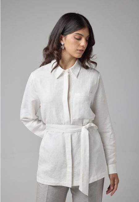 Solid Long Sleeve Belted Shirt