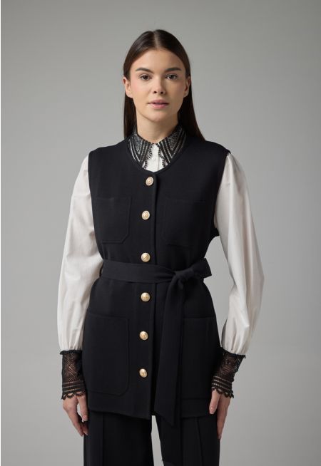 Knitted Multi Pocket Belted Gilet