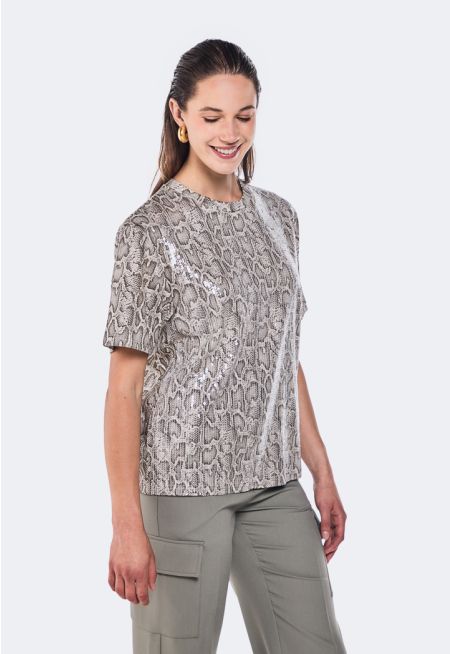 Snake Print Sequin Embellished T- Shirt