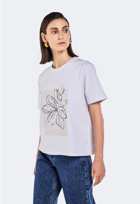 Crystal Embellished Printed Motif T-Shirt