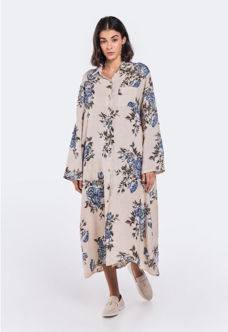 Floral Print Linen Shirt Dress