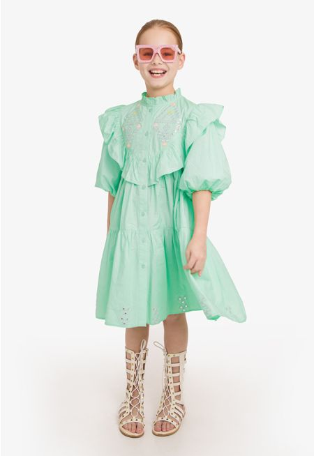 Puff Sleeves Embroidered Ruffle Dress