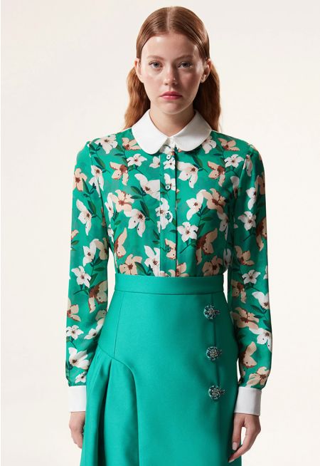 Floral Pattern Blouse With Contrast Collar 