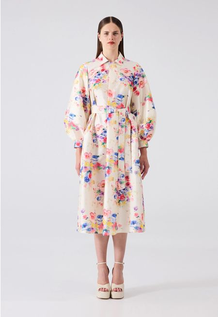 Machka - Floral Pattern Shirt Collar Dress 