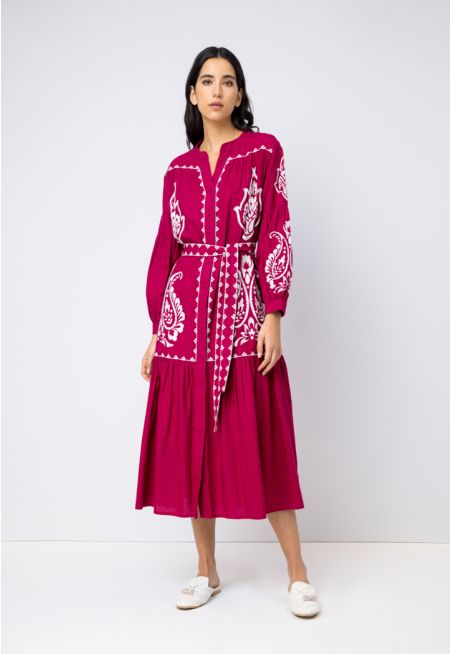 Embroidered Balloon Sleeves Shirt Dress