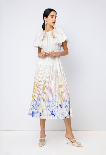 Printed Pleated butterfly Sleeves Dress